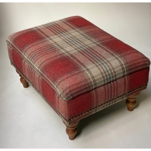 473 - WING ARMCHAIRS, a companion pair, studded woven tartan on turned feet with ottoman footstool, chairs... 