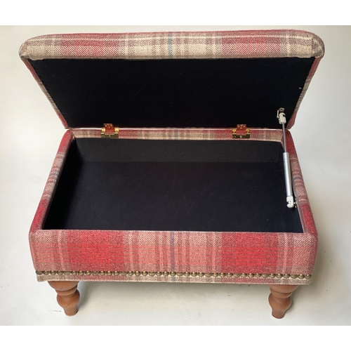 473 - WING ARMCHAIRS, a companion pair, studded woven tartan on turned feet with ottoman footstool, chairs... 