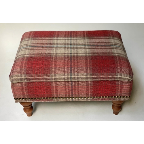 473 - WING ARMCHAIRS, a companion pair, studded woven tartan on turned feet with ottoman footstool, chairs... 