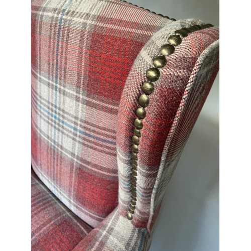 473 - WING ARMCHAIRS, a companion pair, studded woven tartan on turned feet with ottoman footstool, chairs... 