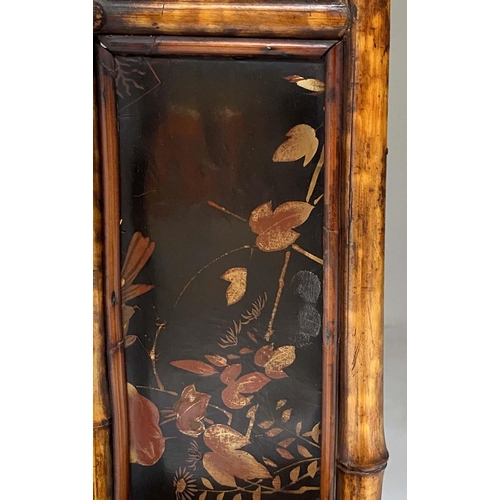 474 - WALL MIRROR, 19th century bamboo framed and Japanese lacquered panelled with bevelled mirror and she... 