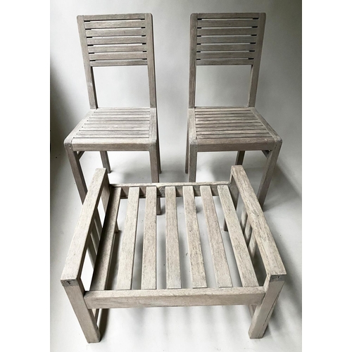 476 - GARDEN CHAIRS, a pair, weathered teak with a cushioned stool, 62cm x 53cm x 40cm H. (3)