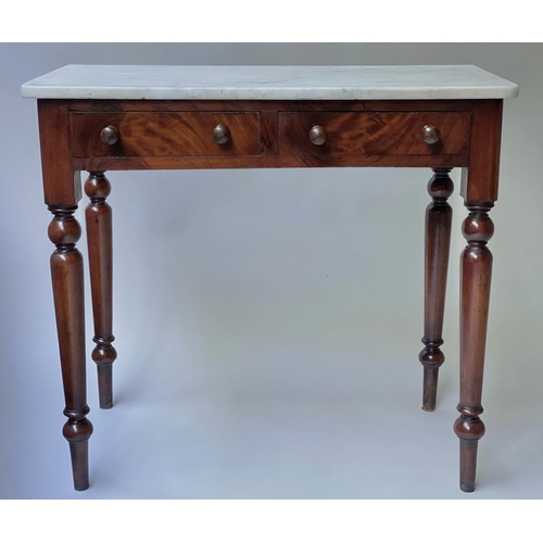 475 - DRESSING TABLE, Victorian flame mahogany with Carrara white marble top above two drawers, 85cm x 44c... 