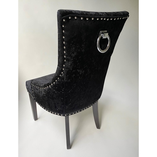 80 - ARMCHAIRS, a pair, button plush black velvet and chrome studded, with handle back, 57cm W. (2)