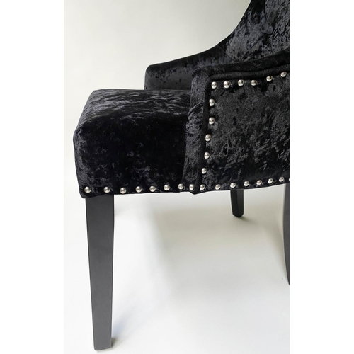 80 - ARMCHAIRS, a pair, button plush black velvet and chrome studded, with handle back, 57cm W. (2)