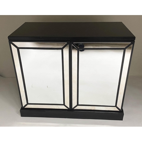 82 - MIRROR CABINET, black lacquered, with two marginal panelled mirror doors, 100cm x 85cm H x 48cm.