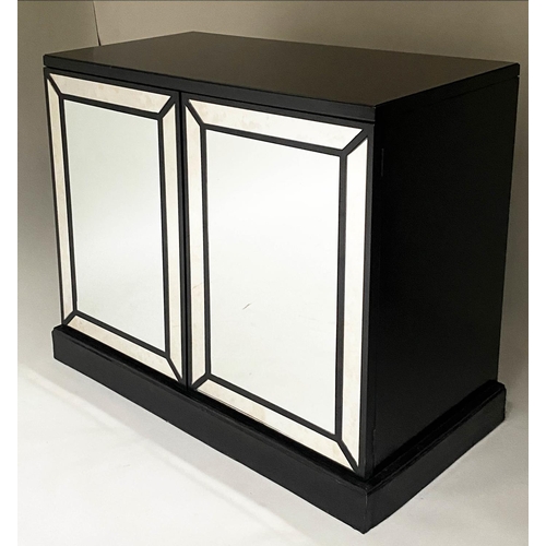 82 - MIRROR CABINET, black lacquered, with two marginal panelled mirror doors, 100cm x 85cm H x 48cm.