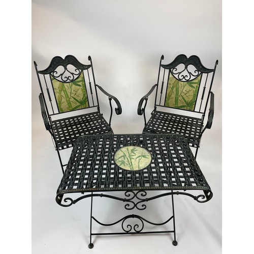 24 - CONSERVATORY CHAIRS AND TABLE, wrought iron inlaid with faux marble painted bamboo print, 57cm W x 9... 