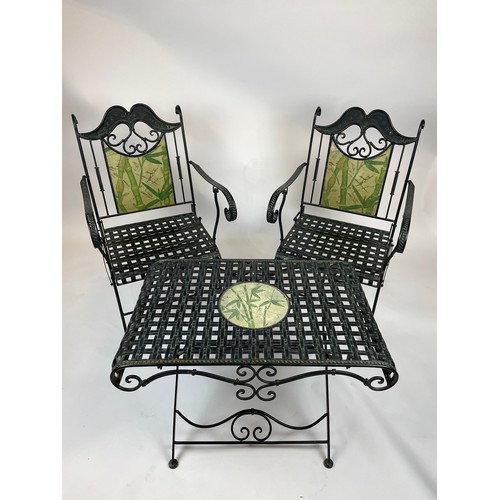 24 - CONSERVATORY CHAIRS AND TABLE, wrought iron inlaid with faux marble painted bamboo print, 57cm W x 9... 