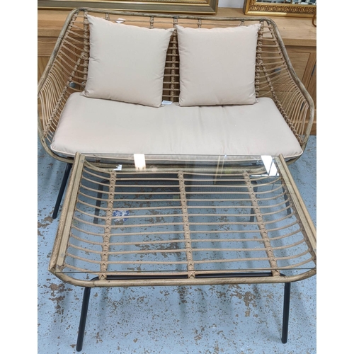 271 - TERRACE BENCH AND TABLE, 1970's Italian style faux rattan, 72cm H x 116cm x 70cm. (2)