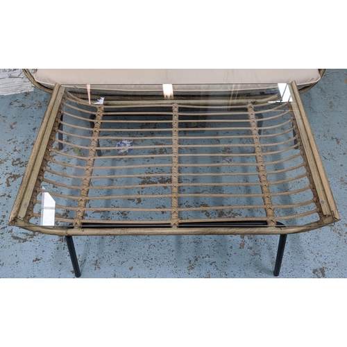 271 - TERRACE BENCH AND TABLE, 1970's Italian style faux rattan, 72cm H x 116cm x 70cm. (2)