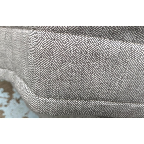 281 - CURTAINS, a pair, lined and interlined, 360cm gathered x 360cm drop, grey silver fabric. (2)