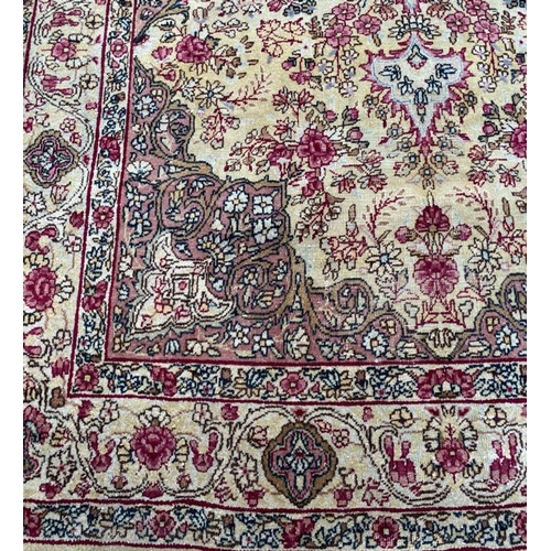 323 - ANTIQUE KERMAN LAVER RUG, 197cm x 128cm.