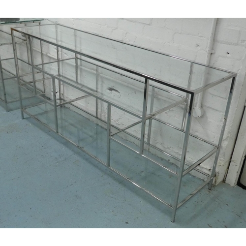 289 - CONSOLE TABLE, 160cm x 40cm x 75cm, contemporary design, polished metal and glass.