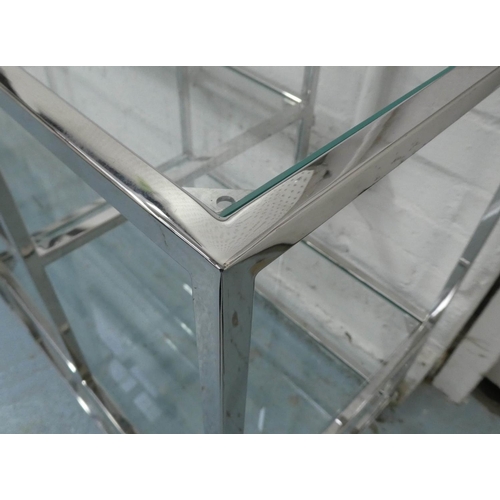 289 - CONSOLE TABLE, 160cm x 40cm x 75cm, contemporary design, polished metal and glass.