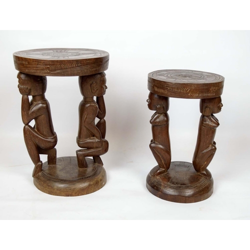 566 - PAPUA NEW GUINEA FIGURAL STOOLS, two, carved and incised hardwood, largest 50cm H x 34cm. (2)