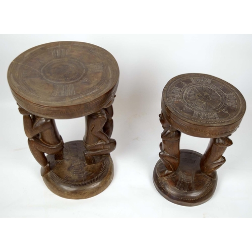 566 - PAPUA NEW GUINEA FIGURAL STOOLS, two, carved and incised hardwood, largest 50cm H x 34cm. (2)