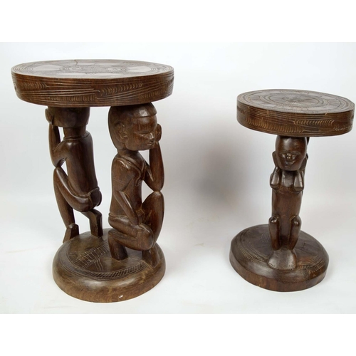 566 - PAPUA NEW GUINEA FIGURAL STOOLS, two, carved and incised hardwood, largest 50cm H x 34cm. (2)