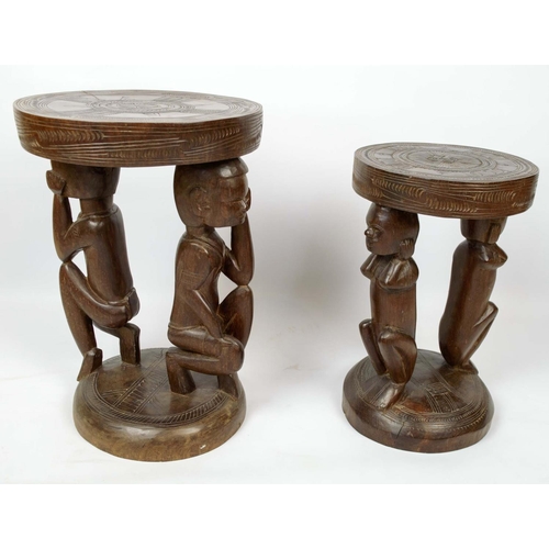 566 - PAPUA NEW GUINEA FIGURAL STOOLS, two, carved and incised hardwood, largest 50cm H x 34cm. (2)