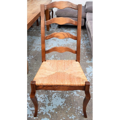 565 - FARMHOUSE DINING CHAIRS, 107cm H, a set of six, ash with rush seats, includes two carvers. (6)