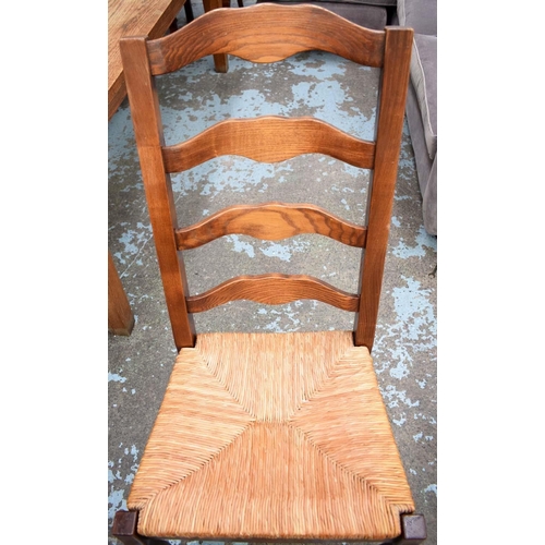 565 - FARMHOUSE DINING CHAIRS, 107cm H, a set of six, ash with rush seats, includes two carvers. (6)