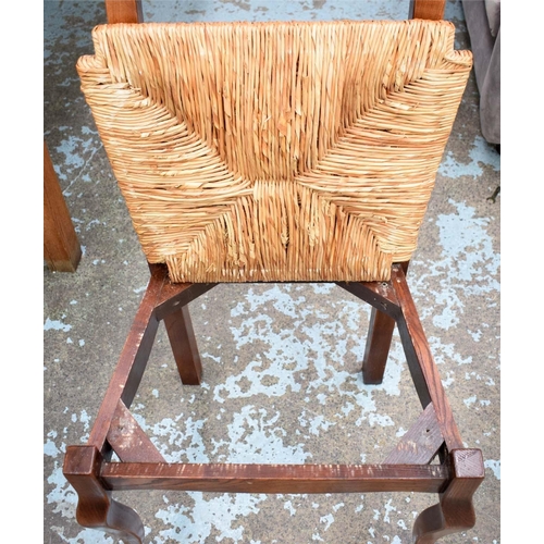 565 - FARMHOUSE DINING CHAIRS, 107cm H, a set of six, ash with rush seats, includes two carvers. (6)