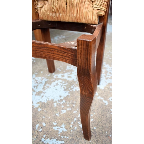 565 - FARMHOUSE DINING CHAIRS, 107cm H, a set of six, ash with rush seats, includes two carvers. (6)