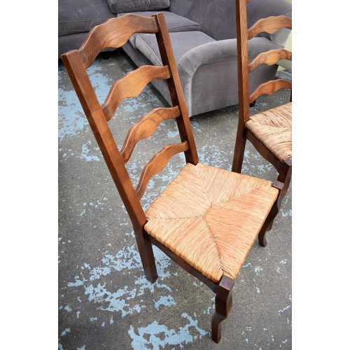 565 - FARMHOUSE DINING CHAIRS, 107cm H, a set of six, ash with rush seats, includes two carvers. (6)