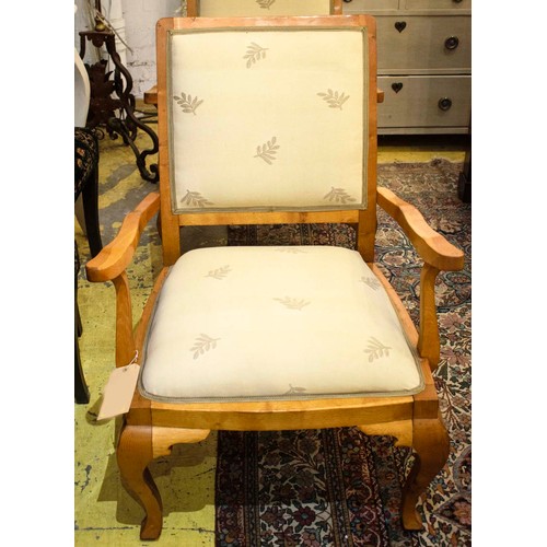 455 - OPEN ARMCHAIRS, 92cm H x 68cm, a pair, mid 20th century oak in taupe leaf patterned material. (2)