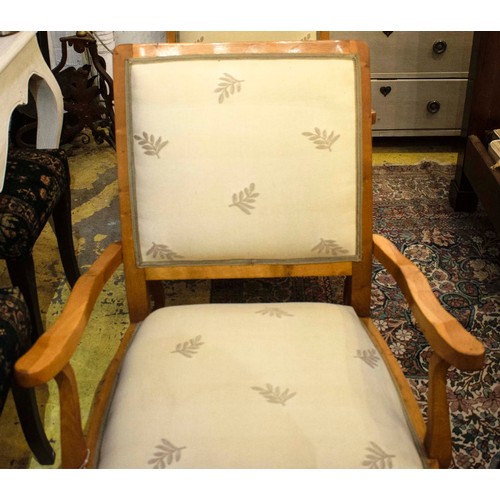 455 - OPEN ARMCHAIRS, 92cm H x 68cm, a pair, mid 20th century oak in taupe leaf patterned material. (2)