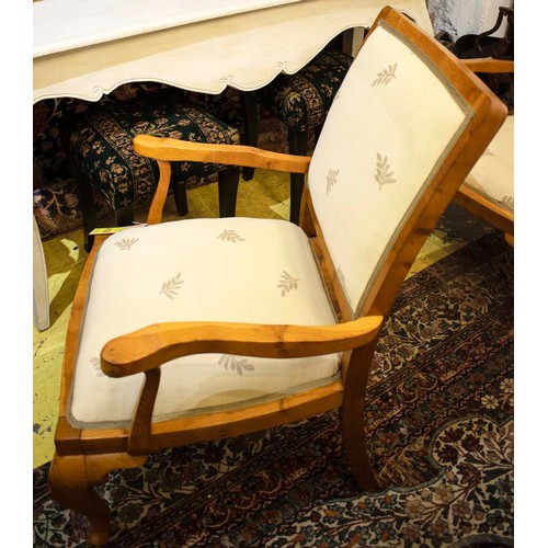 455 - OPEN ARMCHAIRS, 92cm H x 68cm, a pair, mid 20th century oak in taupe leaf patterned material. (2)