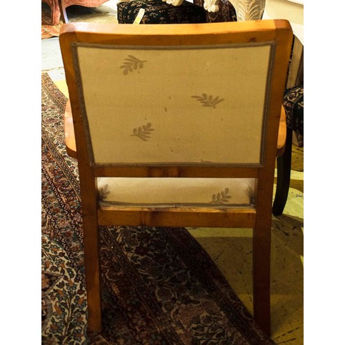 455 - OPEN ARMCHAIRS, 92cm H x 68cm, a pair, mid 20th century oak in taupe leaf patterned material. (2)