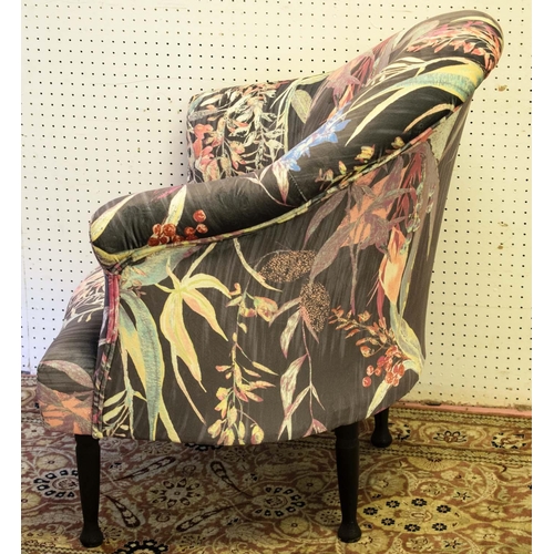 571 - TUB CHAIR, 76cm H x 66cm W, ebonised in foliate patterned velvet.