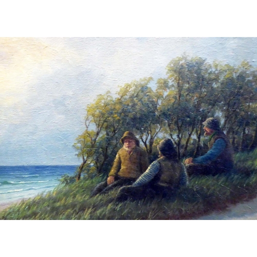 362 - KAJ LARSEN (19th Century Danish) 'Figures Seated in Sand Dunes Looking to a Sailing Ship at Sea', oi... 