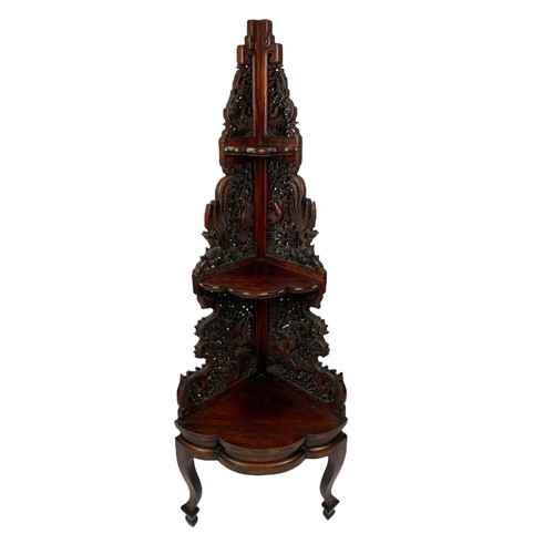 541 - CORNER STAND, Chinese carved hongmu wood, late 19th/early 20th century, intricately carved with anim... 