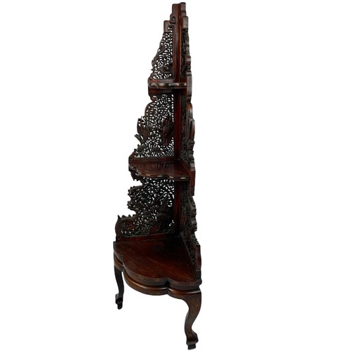 541 - CORNER STAND, Chinese carved hongmu wood, late 19th/early 20th century, intricately carved with anim... 