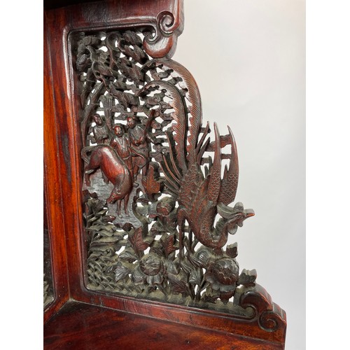 541 - CORNER STAND, Chinese carved hongmu wood, late 19th/early 20th century, intricately carved with anim... 