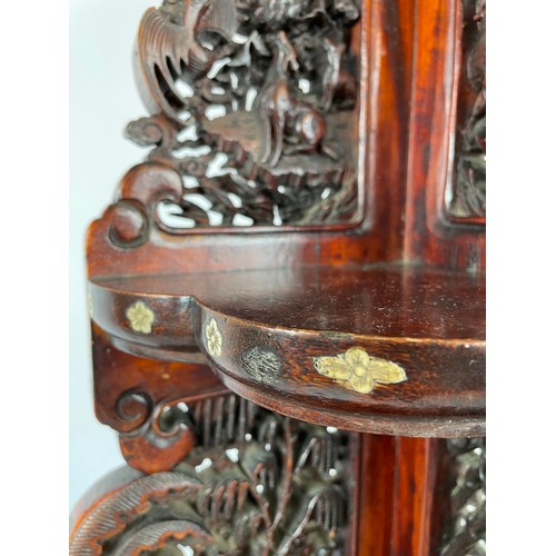 541 - CORNER STAND, Chinese carved hongmu wood, late 19th/early 20th century, intricately carved with anim... 