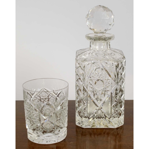 383 - WHISKEY TUMBLERS, a set of six, cut crystal glass with decanter and another set of five cut glass la... 