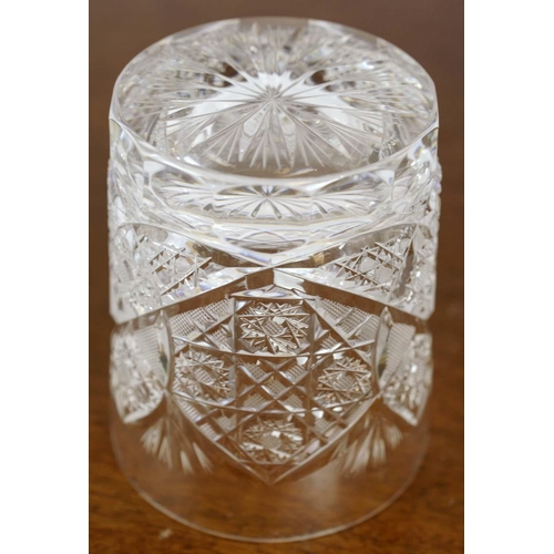 383 - WHISKEY TUMBLERS, a set of six, cut crystal glass with decanter and another set of five cut glass la... 