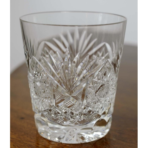 383 - WHISKEY TUMBLERS, a set of six, cut crystal glass with decanter and another set of five cut glass la... 