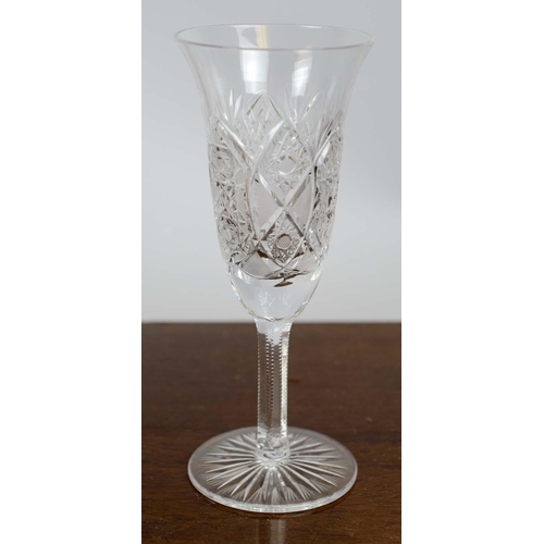 385 - WINE GLASSES, five, along with a set of six brandy glasses and two water glasses, all cut crystal gl... 