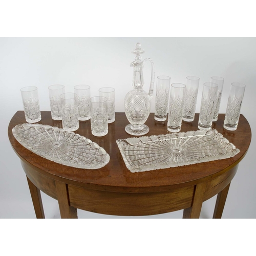 386 - WATER GLASSES, a set of six, cut crystal glass, a set of six, short water glasses, a decanter and tw... 