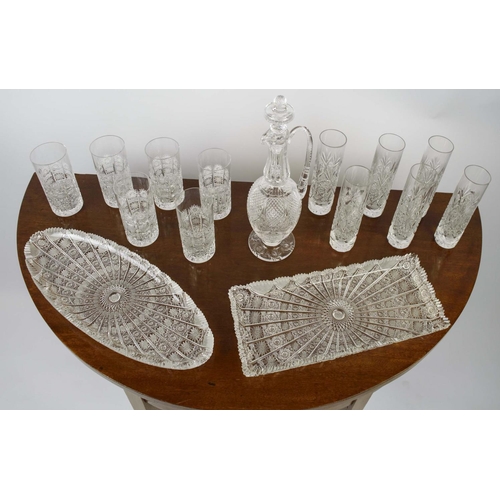 386 - WATER GLASSES, a set of six, cut crystal glass, a set of six, short water glasses, a decanter and tw... 