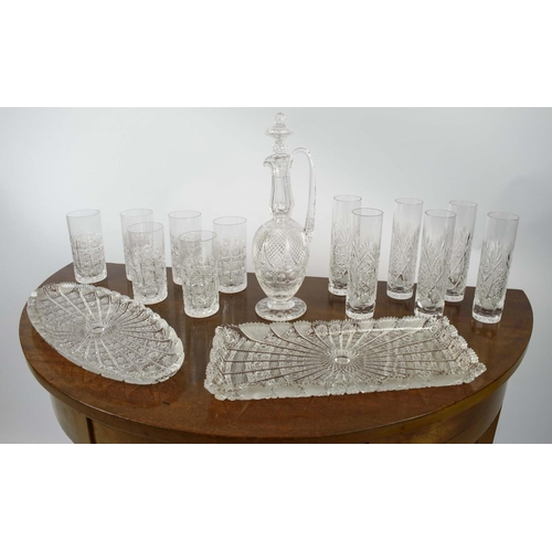 386 - WATER GLASSES, a set of six, cut crystal glass, a set of six, short water glasses, a decanter and tw... 