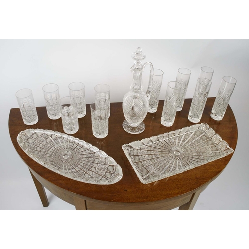 386 - WATER GLASSES, a set of six, cut crystal glass, a set of six, short water glasses, a decanter and tw... 