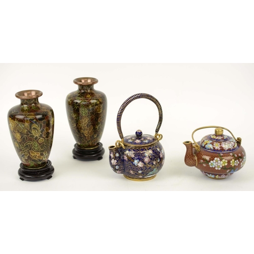 388 - CLOISONNE MINIATURE VASES, a pair, 13cm H, foliate patterned, on wooden stands, and two cloisonné li... 