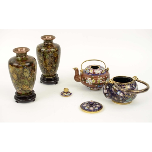 388 - CLOISONNE MINIATURE VASES, a pair, 13cm H, foliate patterned, on wooden stands, and two cloisonné li... 