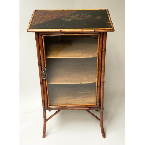 394 - BAMBOO BOOKCASE, 19th century, bamboo framed and Japanese lacquered panelled, with glazed door, 52cm... 