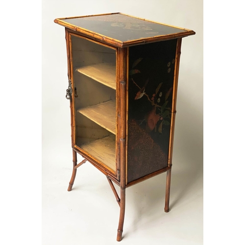 394 - BAMBOO BOOKCASE, 19th century, bamboo framed and Japanese lacquered panelled, with glazed door, 52cm... 